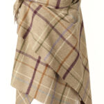 100% Litton Camel Merino Wool Tartan Shawl, Poncho Wrap - Bronte by Moon